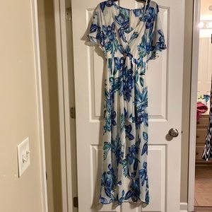 Hi-Low flowy summer dress - blue flowers, white dress